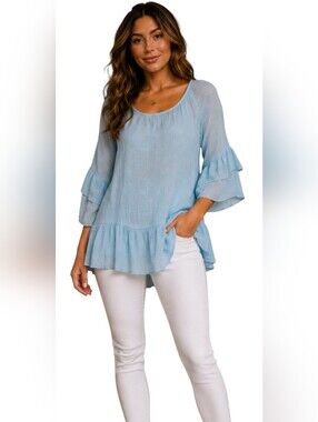 Sassy Bling Light Blue Gauze Ruffle Tunic Blouse Size Small